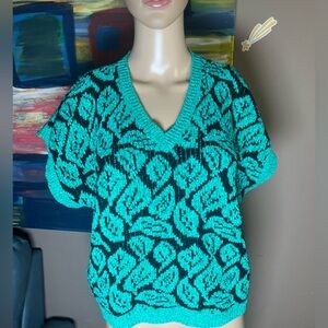 Carducci Women's Sweater Size M Teal & Black Leaf Pattern Knit Pullover V-Neck